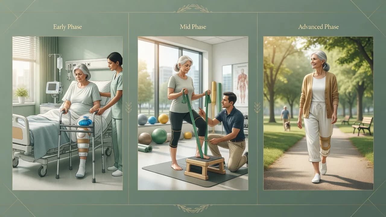 Tiga fase ilustratif rehabilitasi setelah penggantian lutut