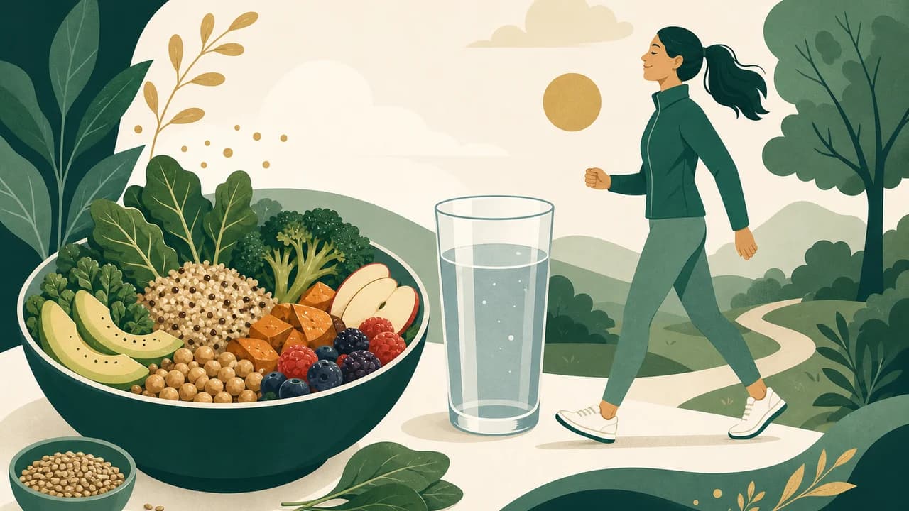 Ilustrasi langkah penanganan wasir tanpa operasi: makanan berserat, air putih, kebiasaan toilet sehat, dan aktivitas fisik