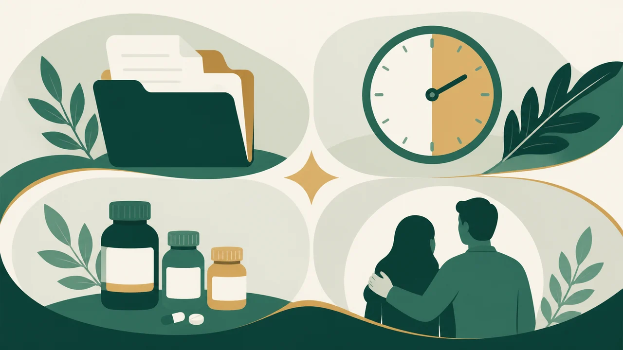 Ilustrasi tenang checklist praoperasi: dokumen, jam puasa, obat, dan pendamping tanpa teks