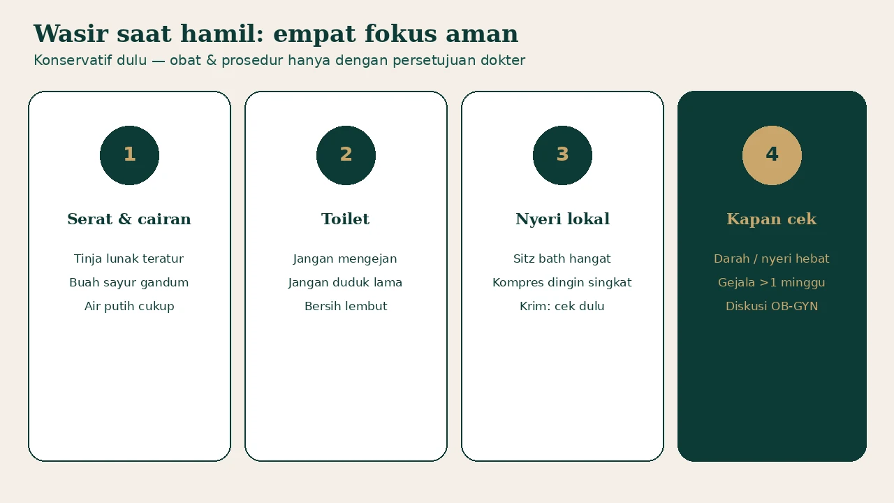 Infografik empat fokus wasir saat hamil: serat dan cairan, toilet, nyeri lokal, dan kapan periksa