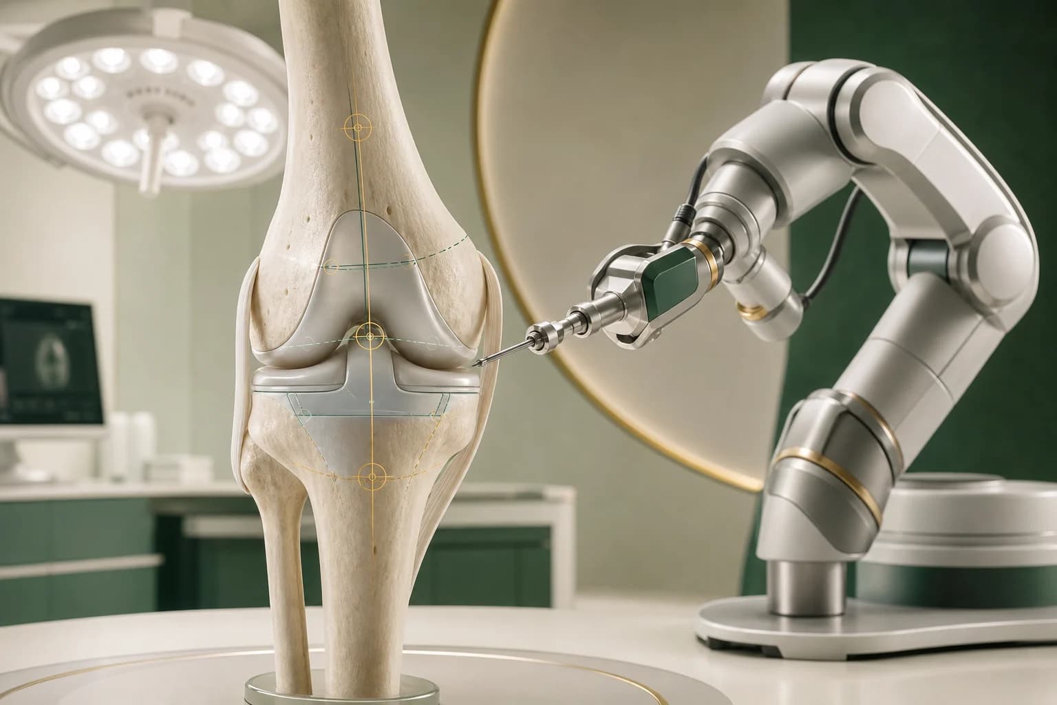 Model sendi lutut dengan lengan robotik sebagai ilustrasi robotic knee replacement